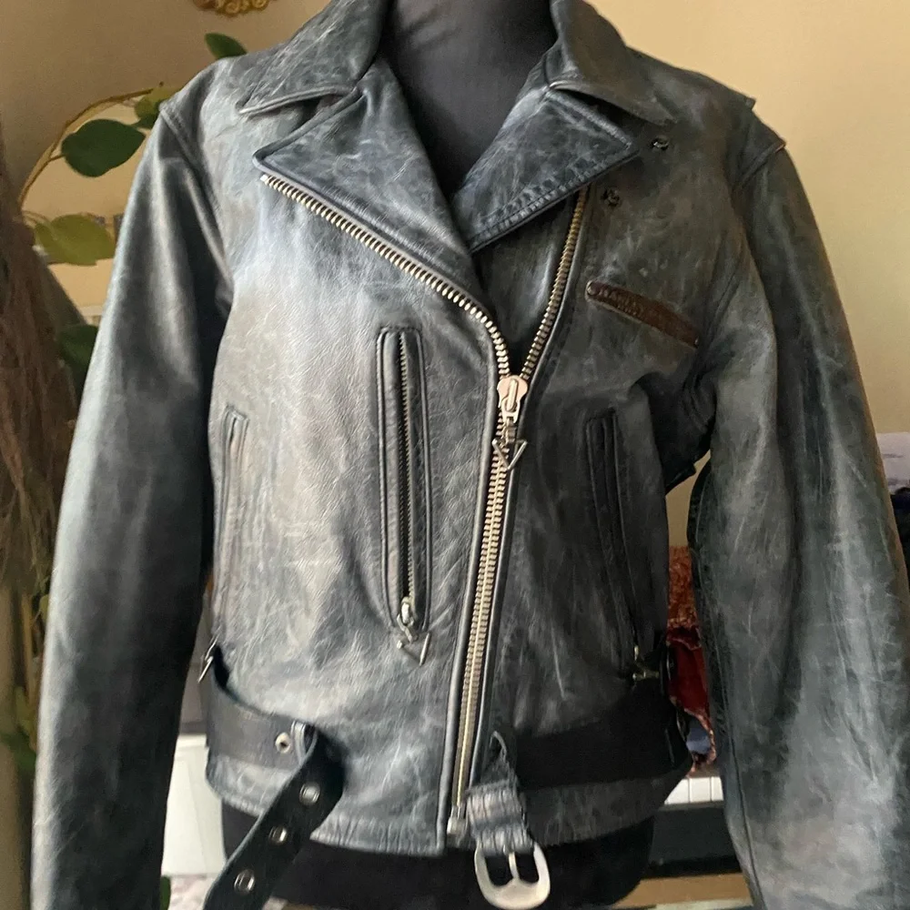 Womens distressed Harley Davidson leather moto jacket corset belt grey marled l - Picture 2 of 16